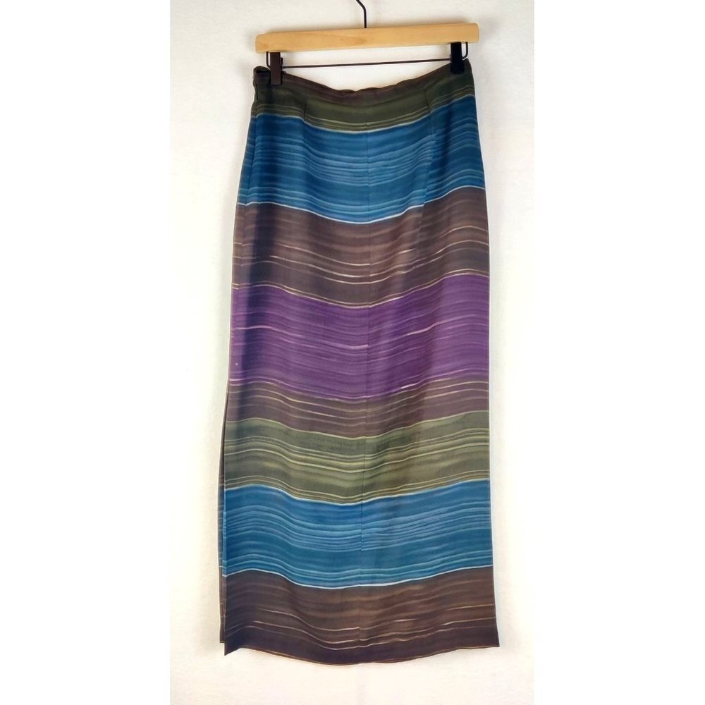 Skirt Maxi Slender Lined Multi Color Blended Stripes Rows Across Slit One side